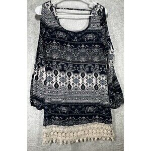 Rue 21 Blue and White Paisley Boho Tunic Top Slit Sleeves Shirt Dress Lace Hem